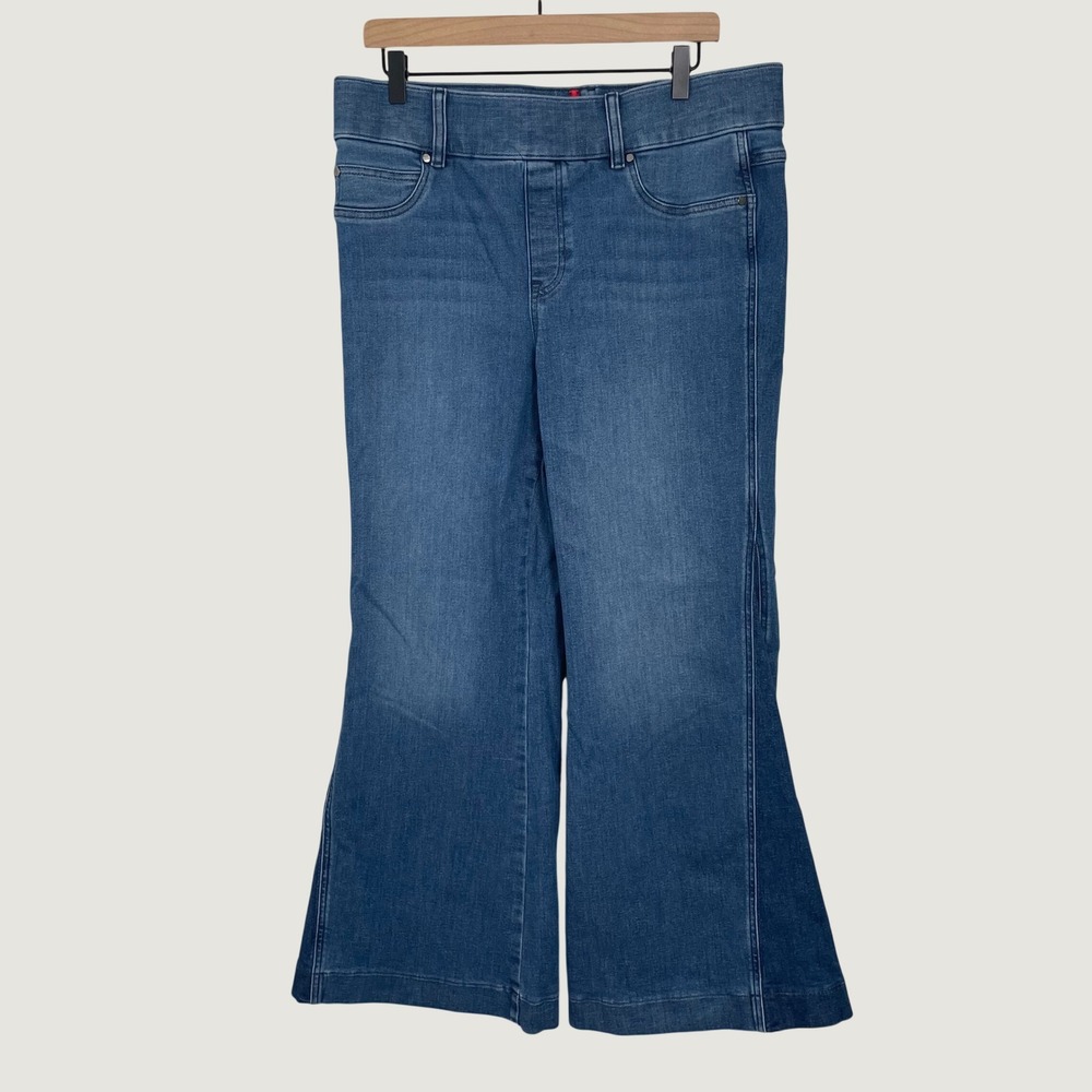 Spanx Flare Jeans Womens 1X Blue High Rise Pull On Stretch Denim Wide Leg Boho
